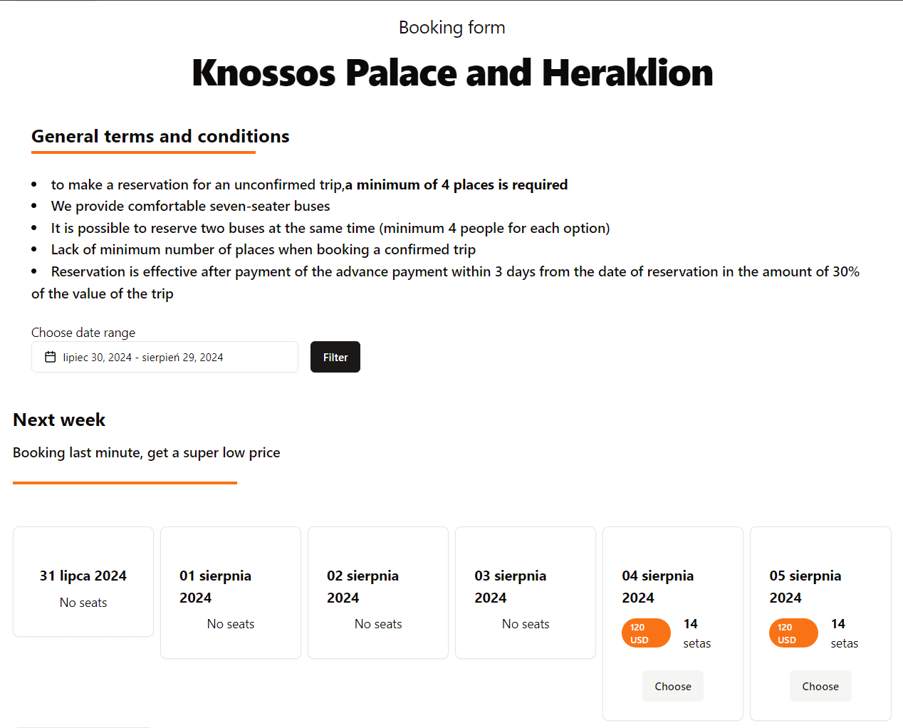 Discover Crete - booking view