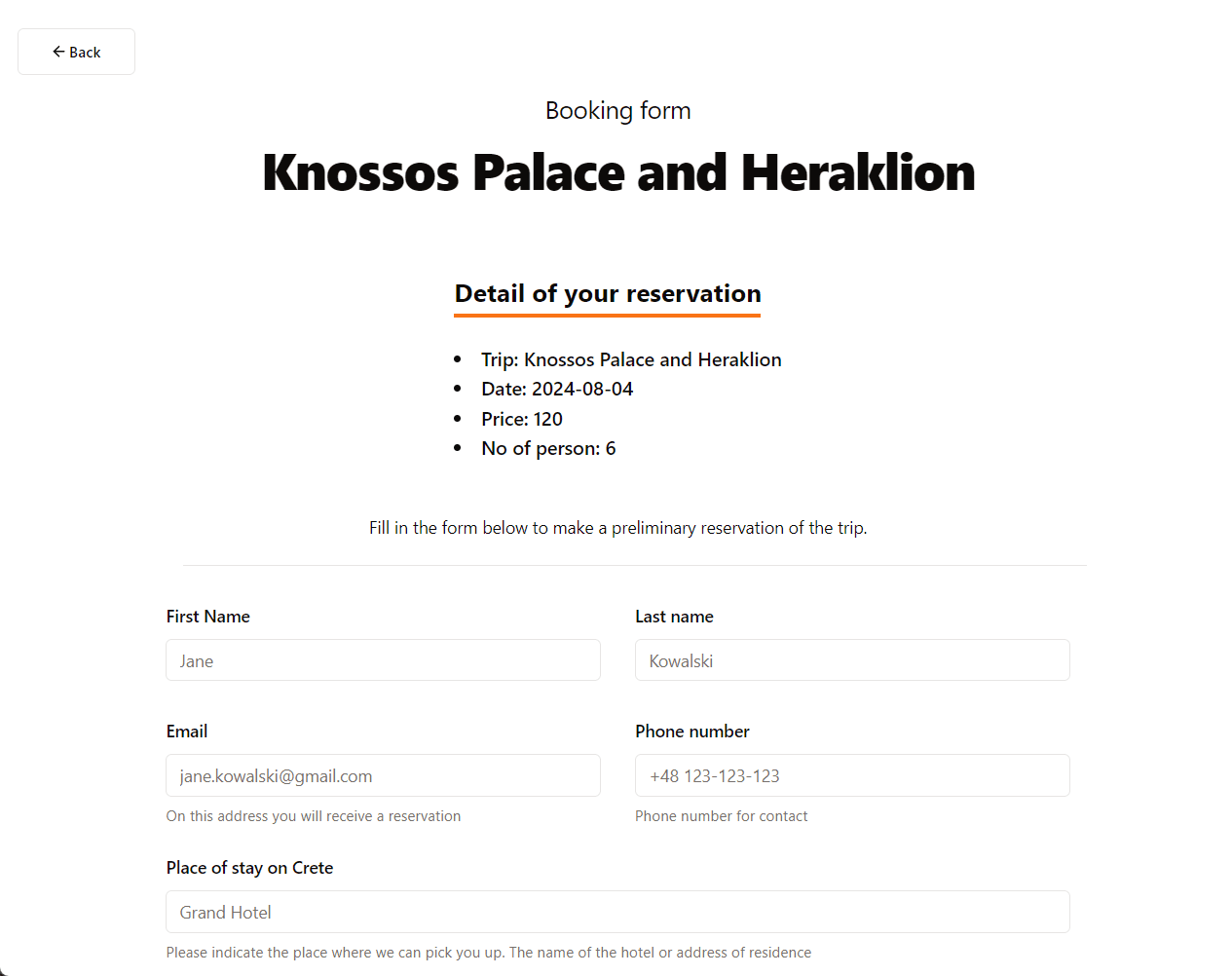 Discover Crete - booking form