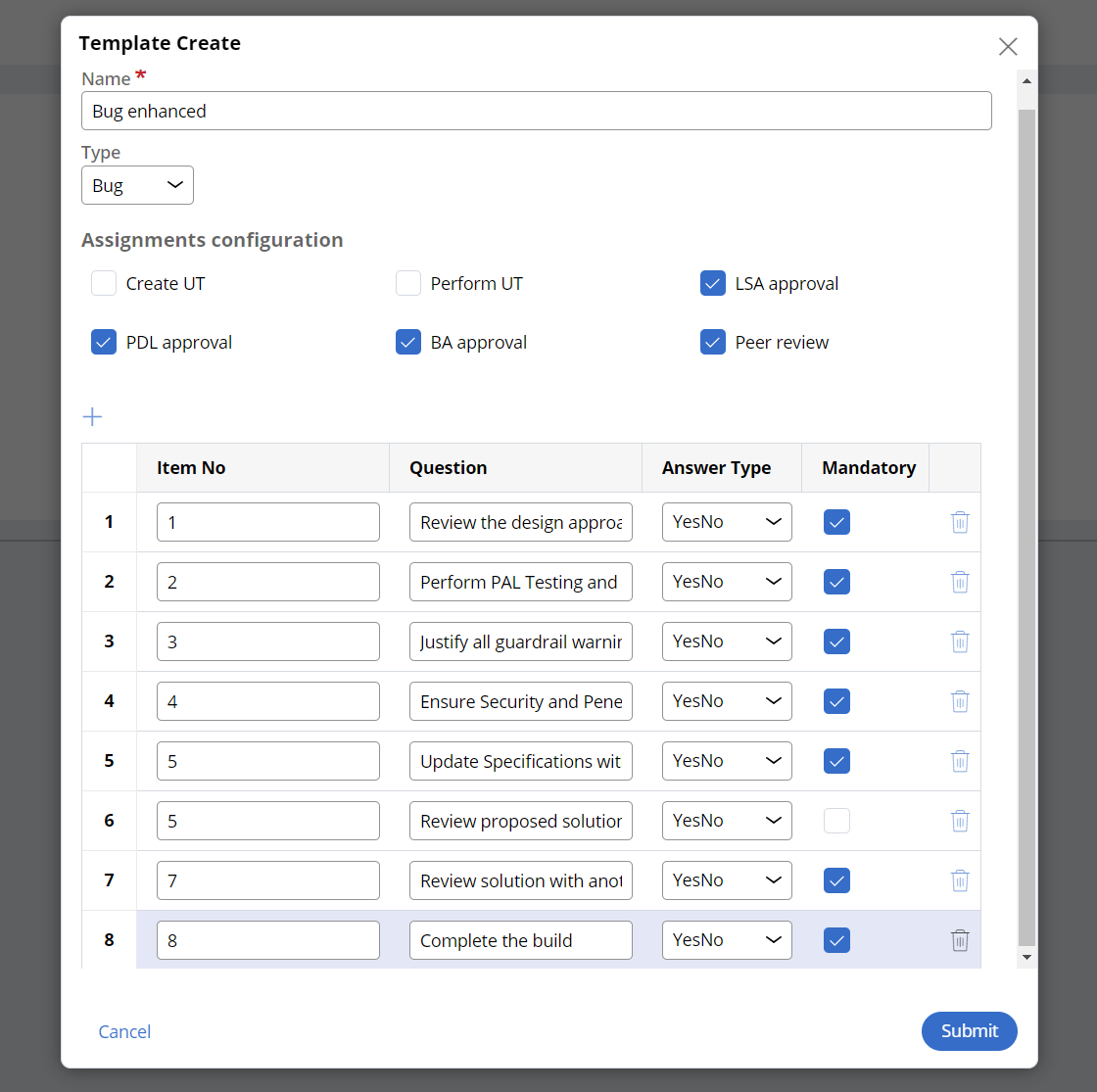 Quality checklist app - Checklist questions