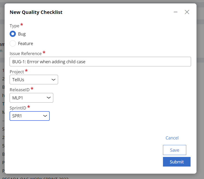 Quality checklist app - Create checklist